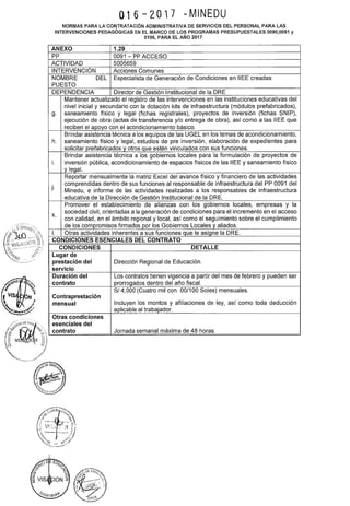 016-2017 UMINEDU
NORMAS PARA LA CONTRATACIÓN ADMINISTRATIVA DE SERVICIOS DEL PERSONAL PARA LAS
INTERVENCIONES PEDAGÓGICAS EN EL MARCO DE LOS PROGRAMAS PRESUPUESTALES 0090,0091 y
0106, PARA EL AÑO 2017
ANEXO 1.29
pp 0091 - PP ACCESO
ACTIVIDAD 5005659
INTERVENCIÓN Acciones Comunes
NOMBRE DEL Especialista de Generación de Condiciones en IIEE creadas
PUESTO
DEPENDENCIA Director de Gestión Institucional de la DRE
Mantener actualizado el registro de las intervenciones en las instituciones educativas del
nivel inicial y secundario con la dotación kits de infraestructura (módulos prefabricados),
g. saneamiento físico y legal (fichas registrales), proyectos de inversión (fichas SNIP),
ejecución de obra (actas de transferencia y/o entrega de obra), así como a las IIEE que
reciben el apoyo con el acondicionamiento básico.
Brindar asistencia técnica a los equipos de las UGEL en los temas de acondicionamiento,
h. saneamiento físico y legal, estudios de pre inversión, elaboración de expedientes para
solicitar prefabricados_y_otros que estén vinculados con sus funciones.
Brindar asistencia técnica a los gobiernos locales para la formulación de proyectos de
i. inversión pública, acondicionamiento de espacios físicos de las IIEE y saneamiento físico
y legal.
Reportar mensualmente la matriz Excel del avance físico y financiero de las actividades
j.
comprendidas dentro de sus funciones al responsable de infraestructura del PP 0091 del
Minedu, e informe de las actividades realizadas a los responsables de infraestructura
educativa de la Dirección de Gestión Institucional de la DRE.
Promover el establecimiento de alianzas con los gobiernos locales, empresas y la
k.
sociedad civil, orientadas a la generación de condiciones para el incremento en el acceso
con calidad, en el ámbito regional y local, así como el seguimiento sobre el cumplimiento
de los compromisos firmados por los Gobiernos Locales y aliados.
l. Otras actividades inherentes a sus funciones que le asigne la DRE.
CONDICIONES ESENCIALES DEL CONTRATO
CONDICIONES DETALLE
Lugar de
prestación del Dirección Regional de Educación.
servicio
Duración del Los contratos tienen vigencia a partir del mes de febrero y pueden ser
contrato prorrogados dentro del año fiscal.
SI 4,000 (Cuatro mil con 00/100 Soles) mensuales.
Contraprestación
mensual Incluyen los montos y afiliaciones de ley, así como toda deducción
aplicable al trabajador.
Otras condiciones
esenciales del
contrato Jornada semanal máxima de 48 horas.
 