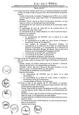 016 -2017-MINEDU
NORMAS PARA LA CONTRATACIÓN ADMINISTRATIVA DE SERVICIOS DEL PERSONAL PARA LAS
INTERVENCIONES PEDAGÓGICAS EN EL MARCO DE LOS PROGRAMAS PRESUPUESTALES 0090,0091 y 0106
PARA EL AÑO 2017
7.2.4. Para el caso de los puestos del PP PELA, la Comisión Evaluadora en la ORE
o UGEL que tenga a cargo el proceso CAS, está conformada de la siguiente
manera:
- Preside: Director/Jefe de Gestión Pedagógica de la ORE o de la UGEL
o el que haga sus veces, según sea el caso; o el representante que este
designe.
- Secretario Técnico: Jefe de la Oficina de Recursos Humanos o el que
haga sus veces; o el representante que este designe.
- Un especialista del nivel inicial y/o de primaria y/o de secundaria, según
sea el caso.
- Un especialista del nivel de inicial EIB y/o de primaria EIB y/o de
secundaria EIB, según sea el caso.
- Un representante de la Unidad Operativa, en caso el personal vaya a
laborar en su jurisdicción.
- Veedores del proceso:
• Un representante del COPARE que no labore en la sede
administrativa, o
• Un representante de la Mesa de Lucha Contra la Pobreza o
Asociaciones Civiles de Transparencia.
• Para puestos de Educación lntercultural Bilingüe: Un
representante de la Defensoría del Pueblo y/o Organizaciones
indígenas involucradas y un representante de la Dirección de
Educación lntercultural Bilingüe del Minedu, para el caso de la
selección de los Acompañantes Pedagógicos de ElB.
• Los Directores de las IIEE JEC, opcionalmente.
• Los Directores de los CRFA, opcionalmente.
• Los especialistas del Minedu, opcionalmente.
7.2.5. Para el caso de los puestos del PP ACCESO, la Comisión Evaluadora en la
ORE que tenga a cargo el proceso CAS, está conformada de la siguiente
manera:
- Preside: Director de Gestión Institucional de la Dirección o Gerencia
Regional de Educación, o el representante que designe.
- Secretario Técnico: Jefe de la Oficina de Recursos Humanos o el que
haga sus veces, o el representante que este designe.
- Un especialista de planificación y/o presupuesto.
- Veedores del proceso:
• Un representante del COPARE que no labore en la sede
administrativa, o
• Un representante de la Mesa de Lucha Contra la Pobreza o
Asociaciones Civiles de Transparencia.
• Los especialistas del Minedu, opcionalmente.
7.2.6. Para el caso de los puestos del PP INCLUSIÓN, la Comisión
Evaluadora en la ORE o UGEL que tenga a cargo el proceso CAS, está
conformada de la siguiente manera:
Preside: Director/Jefe de Gestión Pedagógica de la ORE o de la UGEL
o el que haga sus veces, según sea el caso; o el representante que
designe.
Secretario Técnico: Jefe de la Oficina de Recursos Humanos o el que
haga sus veces, o el representante que este designe.
Un especialista de la modalidad de Educación Básica Especial o el que
haga sus veces.
Un representante de la Unidad Operativa, en caso el personal vaya a
labor en su jurisdicción.
Veedores del proceso:
 