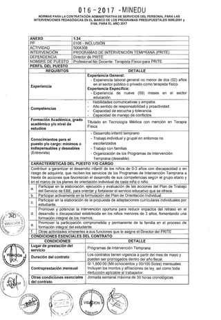 016-2017 -MINEDU
NORMAS PARA LA CONTRATACIÓN ADMINISTRATIVA DE SERVICIOS DEL PERSONAL PARA LAS
INTERVENCIONES PEDAGÓGICAS EN EL MARCO DE LOS PROGRAMAS PRESUPUESTALES 0090,0091 y
0106, PARA EL AÑO 2017
ANEXO 1.34
pp 0106 - INCLUSIÓN
ACTIVIDAD 5004308
INTERVENCIÓN PROGRAMAS DE INTERVENCIÓN TEMPRANA (PRITE)
DEPENDENCIA Director de PRITE
NOMBRE DE PUESTO Profesional No Docente: Terapista Físico para PRITE
PERFIL DEL PUESTO
REQUISITOS DETALLE
Experiencia General:
- Experiencia laboral general no menor de dos (02) años
Experiencia
en el sector público o privado como terapista físico.
Experiencia Específica:
- Experiencia de nueve (09) meses en el sector
educación.
- Habilidades comunicativas y empatía.
Competencias
- Alto sentido de responsabilidad y proactividad.
- Capacidad de escucha y tolerancia.
- Capacidad de manejo de conflictos.
Formación Académica, grado
Titulado en Tecnología Médica con mención en Terapia
académico y/o nivel de
estudios
Física
- Desarrollo infantil temprano
Conocimientos para el - Trabajo individual y grupal en entornos no
puesto y/o cargo: mínimos o escolarizados
indispensables y deseables - Trabajo con familias
(Entrevista) - Organización de los Programas de Intervención
Temprana (deseable)
CARACTERISTICAS DEL PUESTO Y/0 CARGO
Contribuir a garantizar el desarrollo infantil de los niños de 0-3 años con discapacidad o en
riesgo de adquirirla, que reciben los servicios de los Programas de Intervención Temprana a
través de acciones que favorezcan el desarrollo de sus competencias según el grupo etario y
en el marco de los planes de orientación individual de cada niña o niño.
a.
Participar en la elaboración, ejecución y evaluación de las acciones del Plan de Trabajo
del Servicio de EBE, para orientar y fortalecer el servicio educativo que se ofrece.
b. Participar activamente en la formulación del Plan de Orientación Individual.
c.
Participar en la elaboración de la propuesta de adaptaciones curriculares individuales por
estudiante.
Promover y potenciar la intervención oportuna para reducir impactos del retraso en el
d. desarrollo o discapacidad establecida en los niños menores de 3 años, fomentando una
formación integral de los mismos.
e.
Promover la participación comprometida y permanente de la familia en el proceso de
formación integral del estudiante.
f. Otras actividades inherentes a sus funciones que le asigne el Director del PRITE
CONDICIONES ESENCIALES DEL CONTRATO
CONDICIONES DETALLE
Lugar de prestación del
Programas de Intervención Temprana
servicio
Duración del contrato
Los contratos tienen vigencia a partir del mes de mayo y
pueden ser prorrogados dentro del año fiscal.
S/ 1,800.00 (Mil ochocientos y 00/100 Soles) mensuales.
Contraprestación mensual Incluyen los montos y afiliaciones de ley, así como toda
deducción aplicable al trabajador.
Otras condiciones esenciales Jornada semanal máxima de 30 horas cronológicas.
del contrato
 