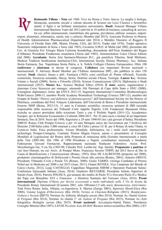 Raimondo Villano - Nato nel 1960. Vive tra Roma e Torre Ann.ta. La moglie è biologa,
farmacista, assistente sociale e valente docente di Scienze nei Licei Classico e Scientifico
statali; il figlio è un brillante matematico universitario. Ruoli: General Manager Villano
International Business Team dal 2012 (attività in 16 ambiti di business, consulting & service,
tra cui: affari internazionali, immobiliare alta gamma, previdenza, edilizia- restauro, import-
export, alimentari, informatica, sanità, arte e cultura); Membro (dal 2013), Associate Professor in History
of Health Administration Pharmaceutical Department (dal 2014) e Membro Onorario of Ruggero II
University of Florida State (BR, Miami, Florida, USA, dal 2015); Trader (dal 1976), Trader operativo
finanziario indipendente di borse e forex (dal 1983), Cavaliere S.M.O. di Malta (dal 2002, presentato dal
Cav. di Giustizia Fra’ Giorgio Maria Castriota Scanderbeg, discendente dell’Eroe fondatore del Regno
d’Albania); Presidente Fondazione umanitaria Chiron (dal 1985); Amministratore Unico Chiron Editore
(dal 2006). Accademie: Storia Arte Sanitaria-Ministero B.C., già pontificia Tiberina, Studi Melitensi,
Medical Tradition Smithsonian Institution-USA, International Society History Pharmacy, Acc. Italiana
Storia Farmacia, Soc. Napoletana Storia Patria, a. h. Nobile Collegio Chimico Farmaceutico. Oltre 100
conferenze e chairman in decine di congressi. Collabora con importanti Riviste nazionali e
internazionali. È Advisory Board Member per l’Editore statunitense DPC, che pubblica in oltre 150
nazioni. Studi: classici; laurea e abil.: Farmacia (1985); corsi certificati di: Piante officinali, Tecniche
cosmetiche, Sicurezza aziendale, Haccp, Storia, Dottrina sociale Chiesa, Teologia. Lauree h.c.: Scienze
Umane e Sociali (2009); Storia e Filosofia (2010); Scienze Comunicazione (2013); Diplomazia e Studi
internazionali (2015). Master h.c.: Science Medical Ethics (2010). È stato: autore, organizzatore e
chairman Corso Sicurezza per manager, ottenendo Alti Patronati di Capo dello Stato e ONU (2000),
Consigliere diplomatico Aerec dpt ENVA 2011-15, Segretario International Committee Biothecnologies
Wabt-Unesco 2008-13, membro World Academy Biomedical Technology (Unesco 2007-12), membro del
Gruppo di Studio “History and definition of pharmacopoeias” dell’International Society for the History of
Pharmacy, coordinato dal Prof. François Ledermann, dell’Università di Berna e Presidente internazionale
Emerito ISHP (Berna, 2012-13), 11 anni in Comitato scientifico sicurezza sanitaria di IBD (azienda
responsabile della sicurezza dei Tribunali Corte Appello Napoli), CdA Fondazione Beaumont Onlus
ricerche su cancro presieduta dallo scienziato Tarro e con il Prefetto Napoli (2011-12), Accademico
Europeo per le Relazioni Economiche e Culturali 2004-2015. Per 32 anni socio e titolare di un’importante
farmacia, fino al 2010. Socio dal 1990, Segretario a 29 anni 1990-95 (tra i più giovani d’Italia), Presidente
2000-01 Rotary Club Pompei-Vesuvio e per 14 anni Delegato unico dei Governatori per l’Archivio del
Distretto 2100-Italia (oltre 3.000 rotariani e circa 80 Club) e presso I.C.R. per il Rotary di tutta l’Italia; in
Comm.ni Italia: Etica professionale, Azione Mondiale, Informatica; tra i molti ruoli internazionali:
archeologia Pompei-Cartagine; Comitato Premio Magna Grecia; autore e presentatore al Consiglio
Mondiale di Legislazione del Rotary della Proposta di istituzione della Giornata internazionale a tutela
della Vita (2001-04). Dal 1986 al 1990 Presidente a Napoli, coordinatore nazionale e fondatore
Federazione Giovani Farmacisti; Rappresentante nazionale Sindacato Federativo. Assist. Prof.
Microbiologia Fac. F.cia Na (1985-90, Cattedra Prof. Lembo-Ist. Sup. Sanità). Proponente e padrino di
vari Soci Onorari, tra cui: Arciv. di Pompei Mons. Francesco Saverio TOPPI, dal 2013 Servo di Dio in
Causa di Beatificazione e Canonizzazione (Rotary, 1992); Dino DE LAURENTIIS (proposto nel 2000),
produttore cinematografico di Hollywood e Premio Oscar alla carriera (Rotary, 2001); Antonio GRECO,
Presidente Tribunale Civile e Penale TA (Rotary, 2000); Giulio TARRO, virologo Candidato al Premio
Nobel per la Medicina nel 2000 e nel 2015 (Asas, 2011); Gianni RIVERA, Vice Campione del Mondo di
Calcio (Aerec, 2012); Luigi CASTIELLO, Cappellano Magistrale SMOM e Operatore Pastorale Salute-
Conferenza Episcopale Italiana (Asas, 2014); Gualtiero RICCIARDI, Presidente Istituto Superiore di
Sanità (Asas, 2016); Patrizio POLISCA, già aiutante dei medici di Paolo VI e Giovanni Paolo II e Medico
del Papa con Benedetto XVI e Francesco e Direttore Sanitario del Vaticano (Asas, 2016). Premi
internazionali: Diploma d’Onore per Servizi eccezionali a titolo individuale nelle 5 Vie di Azione da
Presidente Rotary International (Evanston 2001: solo 100/anno/1,5 mln soci); Benemerenza Anticrimine-
Task Force Rotary Italia, Albania, ex-Jugoslavia, S. Marino (Zurigo 2001); Sapientia Mundi-Etica (Rm
2008); Unione Legion d’Oro-Lavoro (Rm 2010); Veritas in Charitate-Religione (2011); Bonifaciano-
Cultura e Società (2011); Norman Ac.-Editoria Medaglia aurata (Rm 2014); Norman Ac.-Sanità Galeno
di Pergamo (Rm 2014); Norman Ac.-Sanità 2^ ed. Galeno di Pergamo (Rm 2015); Norman Ac.-Arte
fotografica Medaglia aurata (Rm 2015). Premi nazionali: Aesculapius-Sanità Patroc. Presidenza
Consiglio Ministri (Rm 1987); LXVIII Piccinini Asas-Mi.BAC-Ricerca storico-scientifica (Rm 2006); LXV
 