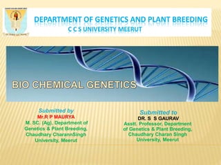 DEPARTMENT OF GENETICS AND PLANT BREEDING
C C S UNIVERSITY MEERUT
Submitted by
Mr.R P MAURYA
M. SC. (Ag), Department of
Genetics & Plant Breeding,
Chaudhary CharannSingh
University, Meerut
Submitted to
DR. S S GAURAV
Asstt. Professor, Department
of Genetics & Plant Breeding,
Chaudhary Charan Singh
University, Meerut
 