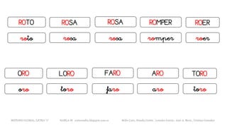 METODO GLOBAL, LETRA “r“ HABLA-M cortes0alba.blogspot.com.es Belén Caro, Natalia Cortés , Lourdes García , José A. Mora , Cristina González
ORO FAROLORO ARO TORO
oro faroloro aro toro
ROTO ROSAROSA ROMPER ROER
roto rosarosa romper roer
 