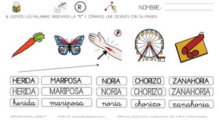 5. LEEMOS LAS PALABRAS. RODEAMOS LA “R” Y COPIAMOS. UNE DESPUÉS CON SU IMAGEN..
NOMBRE:R
METODO GLOBAL, LETRA “r” HABLA-M cortes0alba.blogspot.com.es Belén Caro, Natalia Cortés , Lourdes García , José A. Mora , Cristina González
NORIAHERIDA MARIPOSA CHORIZO
NORIAHERIDA MARIPOSA CHORIZO
noriaherida mariposa chorizo
ZANAHORIA
ZANAHORIA
zanahoria
 