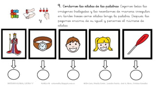 9. Contamos las sílabas de las palabras. Cogemos todas las
imágenes trabajadas y las recortamos de manera irregular
en tantos trozos como sílabas tenga la palabra. Después, las
pegamos encima de su igual y ponemos el número de
sílabas.
y
METODO GLOBAL, LETRA “r“ HABLA-M cortes0alba.blogspot.com.es Belén Caro, Natalia Cortés , Lourdes García , José A. Mora , Cristina González
 