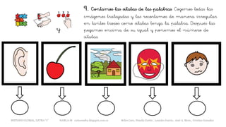 9. Contamos las sílabas de las palabras. Cogemos todas las
imágenes trabajadas y las recortamos de manera irregular
en tantos trozos como sílabas tenga la palabra. Después las
pegamos encima de su igual y ponemos el número de
sílabas.
y
METODO GLOBAL, LETRA “r” HABLA-M cortes0alba.blogspot.com.es Belén Caro, Natalia Cortés , Lourdes García , José A. Mora , Cristina González
 