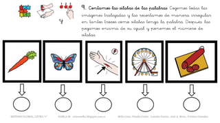 9. Contamos las sílabas de las palabras. Cogemos todas las
imágenes trabajadas y las recortamos de manera irregular
en tantos trozos como sílabas tenga la palabra. Después, las
pegamos encima de su igual y ponemos el número de
sílabas.
y
METODO GLOBAL, LETRA “r“ HABLA-M cortes0alba.blogspot.com.es Belén Caro, Natalia Cortés , Lourdes García , José A. Mora , Cristina González
 