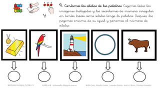 9. Contamos las sílabas de las palabras. Cogemos todas las
imágenes trabajadas y las recortamos de manera irregular
en tantos trozos como sílabas tenga la palabra. Después, las
pegamos encima de su igual y ponemos el número de
sílabas.
y
METODO GLOBAL, LETRA “r“ HABLA-M cortes0alba.blogspot.com.es Belén Caro, Natalia Cortés , Lourdes García , José A. Mora , Cristina González
 