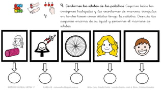 9. Contamos las sílabas de las palabras. Cogemos todas las
imágenes trabajadas y las recortamos de manera irregular
en tantos trozos como sílabas tenga la palabra. Después, las
pegamos encima de su igual y ponemos el número de
sílabas.
y
METODO GLOBAL, LETRA “r“ HABLA-M cortes0alba.blogspot.com.es Belén Caro, Natalia Cortés , Lourdes García , José A. Mora , Cristina González
 