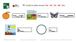 na__nja ai___ ma__posa
fa__ a__
METODO GLOBAL, LETRA “r“ HABLA-M cortes0alba.blogspot.com.es Belén Caro, Natalia Cortés , Lourdes García, José A. Mora , Cristina González
10. Escribe la sílaba correcta. ra, re, ri, ro, ru
 