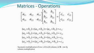 Matrices - Operations























2221
1211
3231
2221
1211
232221
131211
cc
cc
bb
bb
bb
aaa
aaa
22322322221221
21312321221121
12321322121211
11311321121111
)()()(
)()()(
)()()(
)()()(
cbababa
cbababa
cbababa
cbababa




Successive multiplication of row i of A with column j of B – row by
column multiplication
 
