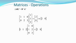 Matrices - Operations
(AB)T = BT AT
 
   82
30
21
01
211
82
8
2
2
1
1
320
011


































 