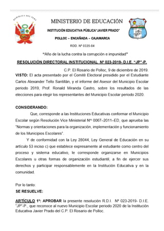 RESOLUCIÓN DIRECTORAL MUNICIPIO ESCOLAR I.E. JAVIER PRADO PERIODO 2020