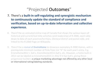 “Projected Outcomes”
7. There’s a built-in self-regulating and synergistic mechanism
to continuously update the standard of compliance and
verification, based on up-to-date information and collective
experience.
8. There’ll be an animated online map of Canada that shows the various layers of
historical and current/real-time activities (and leadership) of R-2000, zoom-able
down to data of each province/territory, electoral district and postal code, and
linked to the R-2000 Page on Wikipedia.
9. There’ll be a revival of EnviroHome to showcase exemplary R-2000 Homes, with a
prerequisite minimum number of Picks from List “A” for each year’s entry. E.g.
EnviroHome2012 = 2xA’s, EnviroHome2013=3xA’s, etc. However, a home built in
2012 can be labeled as EnviroHome2015 in 2012 if it has 5xA’s, giving these
progressive builders a unique marketing advantage not offered by any other local
or international rating/labeling standards.

 