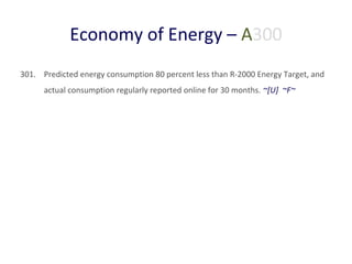 Economy of Energy – A300
301. Predicted energy consumption 80 percent less than R-2000 Energy Target, and
actual consumption regularly reported online for 30 months. ~[U] ~F~

 