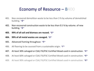 Economy of Resource – B400
401. Non-recovered demolition waste to be less than 3 % by volume of demolished
building. ~B~
402. Non-recovered construction waste to be less than 0.5 % by volume. of new
building. ~B~
403. 99% of all soil and biomass are reused. ~B~
404. 99% of all metal wastes are savaged. ~B~
405. Advanced framing throughout. ~R~
406. All flooring to be sourced from a sustainable origin. ~F~
407. At least 30% salvaged or CSA/.FSI/FSC Certified Wood used in construction. ~R~
408. At least 60% salvaged or CSA/.FSI/FSC Certified Wood used in construction. ~R~
409. At least 90% salvaged or CSA/.FSI/FSC Certified Wood used in construction. ~R~

 