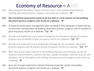 Economy of Resource – A400

401. Non-recovered demolition waste to be less than 1 % by volume of demolished
building; document process, progress and results on a website. ~B~
402. Non-recovered construction waste to be less than 0.1 % by volume of new building;
document process, progress and results on a website. ~B~
403. A material conservation management plan resulting in 95% reduction in waste during
construction and operation of building; document process, progress and 24 months of
post-occupancy results on a website. ~[U] ~B~
404. Provide and implement a zero waste strategy for the occupants; document process,
progress and 24 months of post-occupancy results on a website. ~[U] ~F~
405. Provide and implement a zero wastewater strategy for the occupants; document
process, progress and 24 months of post-occupancy results on a website. ~[U] ~F~
406. Near-Zero use of virgin material in the building structure and envelope, except for
fasteners and connectors, moisture barriers, rapidly renewable material, local soil and
windows, and for foundation and roofing; document process, progress and results on
a website. ~B~
407. Zero use of virgin material for interior finishing except for rapidly renewables;
document process, progress and results on a website. ~R~

 