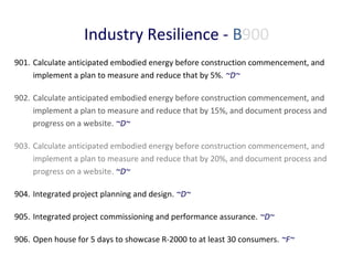 Industry Resilience - B900
901. Calculate anticipated embodied energy before construction commencement, and
implement a plan to measure and reduce that by 5%. ~D~
902. Calculate anticipated embodied energy before construction commencement, and
implement a plan to measure and reduce that by 15%, and document process and
progress on a website. ~D~
903. Calculate anticipated embodied energy before construction commencement, and
implement a plan to measure and reduce that by 20%, and document process and
progress on a website. ~D~
904. Integrated project planning and design. ~D~
905. Integrated project commissioning and performance assurance. ~D~
906. Open house for 5 days to showcase R-2000 to at least 30 consumers. ~F~

 