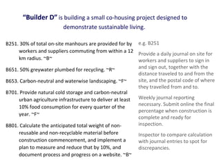 “Builder D” is building a small co-housing project designed to
demonstrate sustainable living.
B251. 30% of total on-site manhours are provided for by e.g. B251
workers and suppliers commuting from within a 12
Provide a daily journal on site for
km radius. ~B~
workers and suppliers to sign in
and sign out, together with the
B651. 50% greywater plumbed for recycling. ~R~
distance traveled to and from the
site, and the postal code of where
B653. Carbon-neutral and waterwise landscaping. ~F~
they travelled from and to.
B701. Provide natural cold storage and carbon-neutral
urban agriculture infrastructure to deliver at least Weekly journal reporting
necessary. Submit online the final
10% food consumption for every quarter of the
percentage when construction is
year. ~F~
complete and ready for
inspection.
B801. Calculate the anticipated total weight of nonreusable and non-recyclable material before
Inspector to compare calculation
construction commencement, and implement a
with journal entries to spot for
plan to measure and reduce that by 10%, and
discrepancies.
document process and progress on a website. ~B~

 