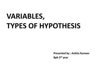 VARIABLES,
TYPES OF HYPOTHESIS
Presented by : Ankita Kunwar
Bph 3rd year
 