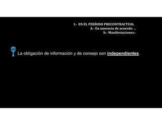 La obligación de información y de consejo son independientes.
I.- EN EL PERÍODO PRECONTRACTUAL :
A.- En ausencia de acuerdo …
b.- Manifestaciones.-
 