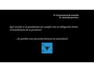 Qué sucede si el promitente no cumple con su obligación frente
al beneficiario de la promesa?
…Es posible una ejecución forzosa en naturaleza?
II.- En presencia de acuerdo.
B.- Acuerdos previos.-
 