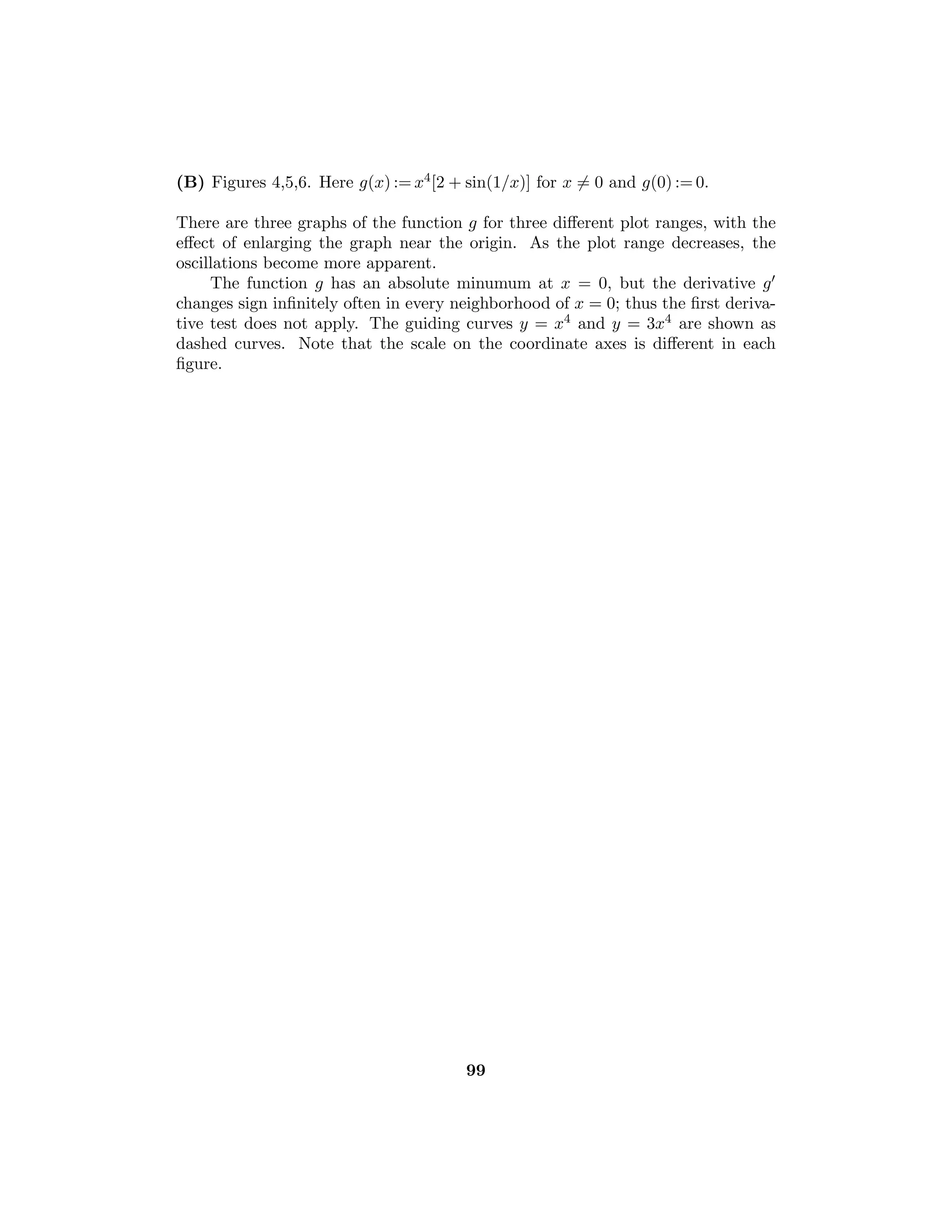 48 Bartle and Sherbert
3. In fact, if x ∈ (0, 1] then f(x)/g(x) = sin(1/x), which does not have a limit
at 0. [Note that 6.3.1 cannot applied be applied since g(0) = 0, and 6.3.3
cannot be applied since f(x)/g(x) does not have a limit at 0.]
4. Note that f(0) = 0, but that f(x) does not exist if x  