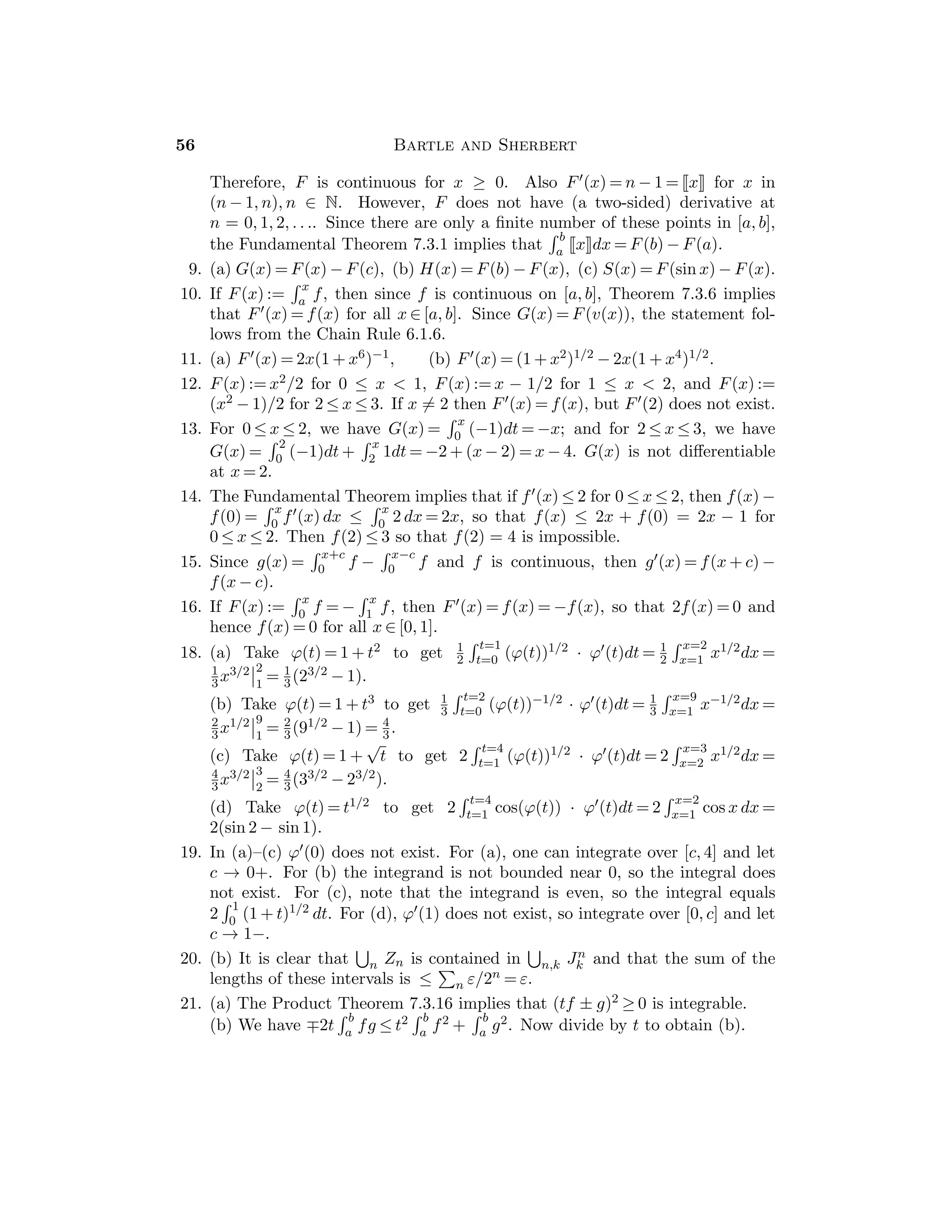 Chapter 4 — Limits 31
f(x − c), we infer that lim
x→c
(f(x) − f(c)) = lim
x→c
f(x − c) = lim
z→0
f(z) = 0, so that
lim
x→c
f(x) = f(c).
13. (a) g(f(x)) = g(x + 1) = 2 if x  