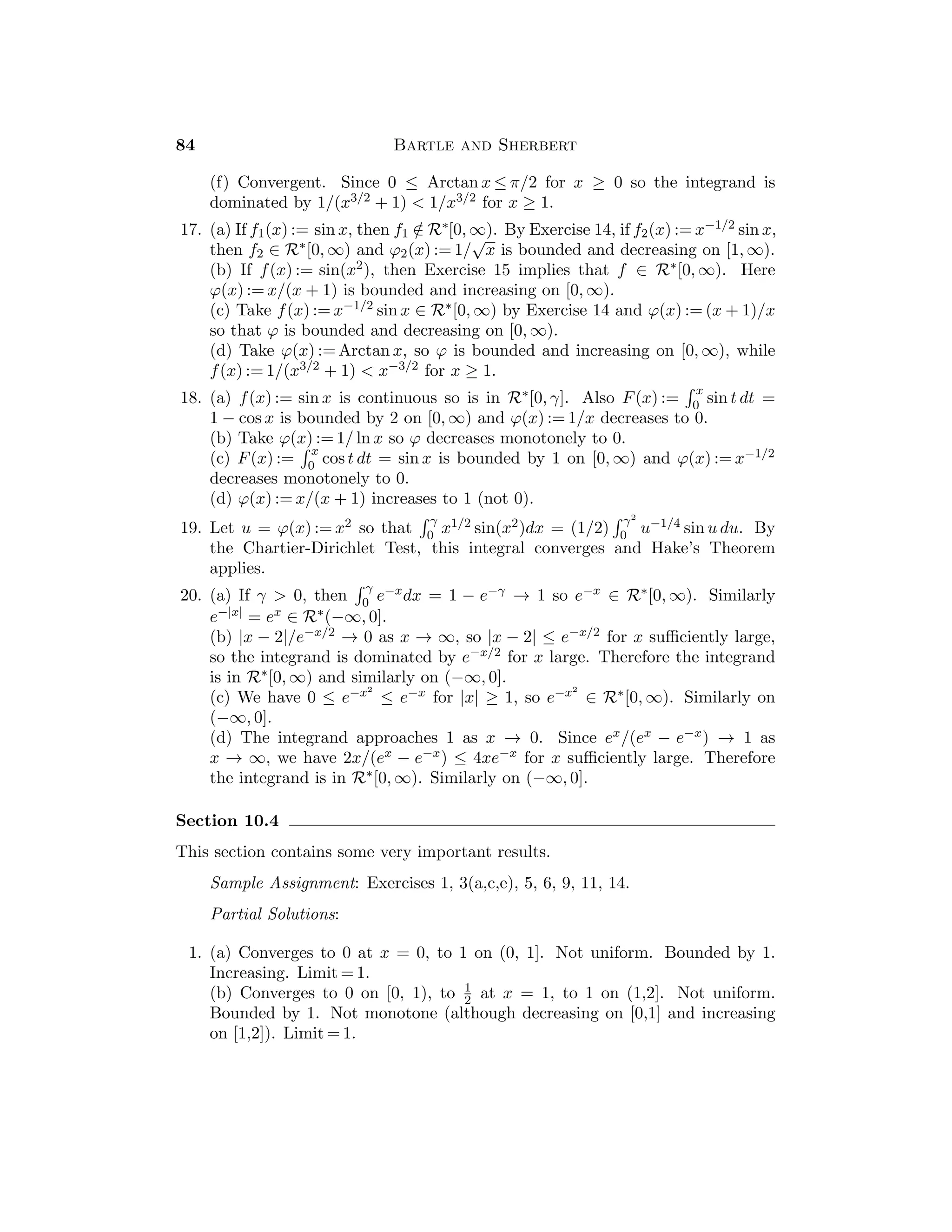 CHAPTER 6
DIFFERENTIATION
The basic properties and applications of the derivative are given in the ﬁrst two
sections of this chapter. Section 6.1 is a survey of the techniques of diﬀerentiation
from a rigorous viewpoint. Since the students will be familiar with most of the
results (though not the proofs), the section can be covered reasonably quickly.
Section 6.2 contains material that is new to students, since in introductory calculus
courses the Mean Value Theorem is not usually given the emphasis it deserves.
Sections 6.3 and 6.4 are optional and can be discussed in either order and to
whatever depth that time permits.
Section 6.1
This section contains the calculational rules of diﬀerentiation that students learn
and use in introductory calculus courses. However, the emphasis here is on the
rigorous establishment of these results rather than on the development of calcu-
lational skills.
The topic that students will ﬁnd troublesome is the diﬀerentiation of com-
posite and inverse functions. We feel that the use of Carathéodory’s Theorem
6.1.5 is a considerable simpliﬁcation of the proofs of these results.
Sample Assignment: Exercises 1(a,b), 2, 4, 5, 9, 11, 13, 15.
Partial Solutions:
1. (a) f(x) = lim
h→0
[(x + h)3 − x3]/h = lim
h→0
(3x2 + 3xh + h2) = 3x2,
(b) g(x) = lim
h→0
1
h

1
x + h
−
1
x

= lim
h→0
−1
x(x + h)
=
−1
x2
,
(c) h(x) = lim
h→0
√
x + h −
√
x
h
= lim
h→0
1
√
x + h +
√
x
=
1
2
√
x
,
(d) k(x) = lim
h→0
1/
√
x + h − 1/
√
x
h
= lim
h→0
−1
√
x + h
√
x(
√
x + h +
√
x)
=
−1
2x
√
x
.
2. lim
x→0
(f(x) − f(0))/(x − 0) = lim
x→0
x1/3/x = lim
x→0
1/x2/3 does not exist.
3. (a) (αf)(c) = lim
x→c
αf(x) − αf(c)
x − c
= α lim
x→c
f(x) − f(c)
x − c
= αf(c),
(b) (f + g)(c) = lim
x→c
(f(x) + g(x)) − (f(c) + g(c))
x − c
= lim
x→c
f(x) − f(c)
x − c
+ lim
x→c
g(x) − g(c)
x − c
= f(c) + g(c).
43
 