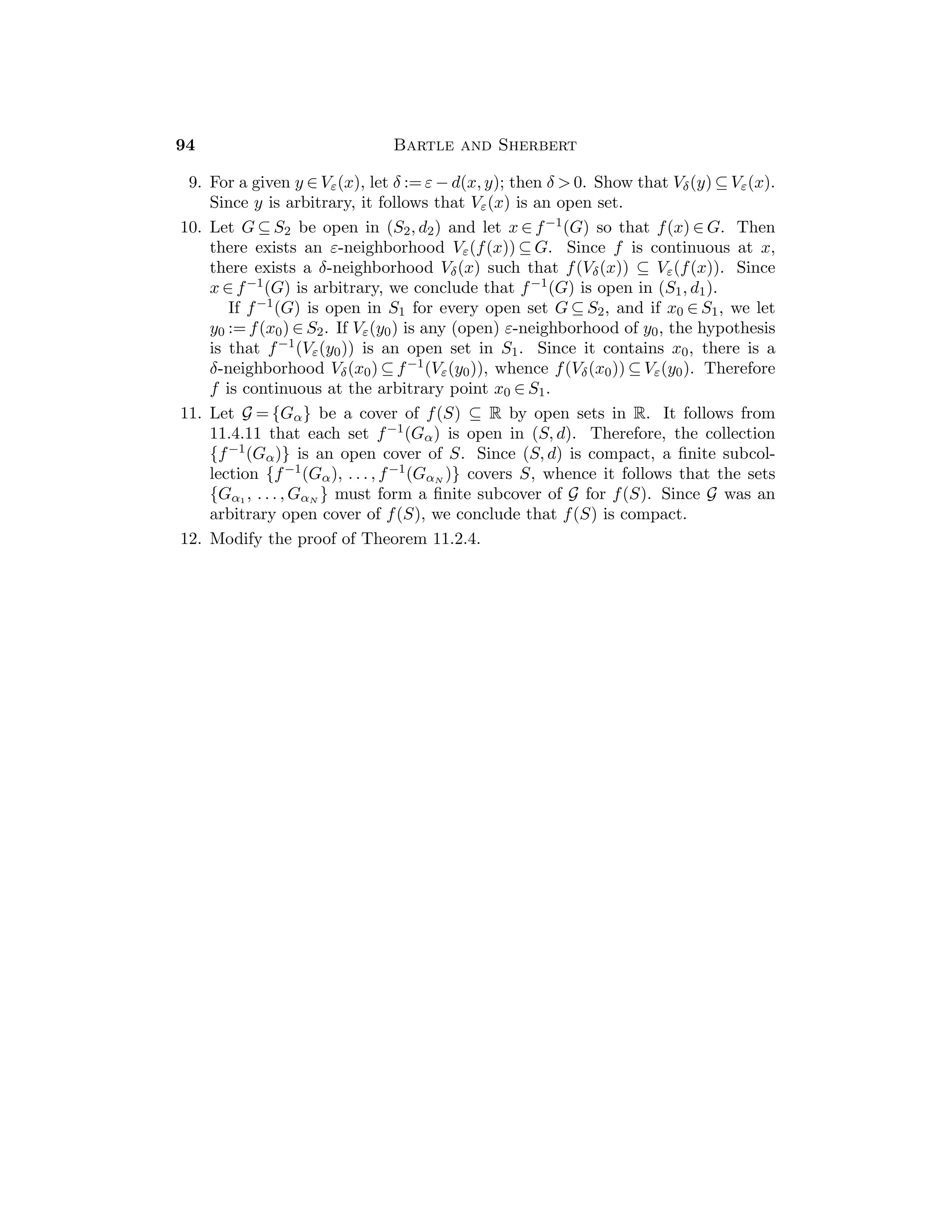 = 0.
13. If x1  x2, then there exists c ∈ (x1, x2) such that f(x2) − f(x1) =
(x2 − x1)f(c)  0.
14. Apply Darboux’s Theorem 6.2.12.
15. Suppose that |f(x)| ≤ K for x ∈ I. For x, y ∈ I, apply the Mean Value
Theorem to get |f(x) − f(y)| = |(x − y)f(c)| ≤ K|x − y|.
16. (a) Given ε  0 there exists nε ∈ N such that if x ≥ nε, then |f(x) − b|  ε.
Hence if x ≥ nε and h  0, there exists yx ∈ (x, x + h) such that
	
	
	
	
f(x + h) − f(x)
h
− b
	
	
	
	 = |f
(yx) − b|  ε.
Since ε  0 is arbitrary, then lim
x→∞
(f(x + h) − f(x))/h = b.
(b) Assume that b  