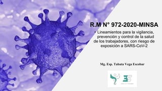 Mg. Esp. Tabata Vega Escobar
R.M N° 972-2020-MINSA
• Lineamientos para la vigilancia,
prevención y control de la salud
de los trabajadores, con riesgo de
exposición a SARS-CoV-2
 