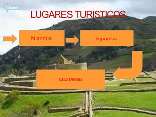 LUGARES TURISTICOS
Narrio ingapirca
COJITAMBO
Menú
 