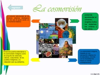 "el conjunto estructurado de los
diversos sistemas ideológicos
con los que el grupo social, en
un momento histórico
pretende
aprehender el
universo,
engloba todos
los sistemas,
los ordena y
los ubica.
La cosmovisión indígena,
basada en una
percepción religiosa de
la naturaleza, coincide
con la necesidad de
hacer un manejo
ecológicamente
Entonces podría entenderse a
la cosmovisión indígena como
el conjunto de creencias,
valores, costumbres, de los
pueblos indígenas y su
relación con su entorno.
regresar
 
