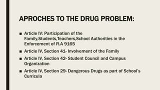APROCHES TO THE DRUG PROBLEM:
■ Article IV: Participation of the
Family,Students,Teachers,School Authorities in the
Enforcement of R.A 9165
■ Article IV, Section 41- Involvement of the Family
■ Article IV, Section 42- Student Council and Campus
Organization
■ Article IV, Section 29- Dangerous Drugs as part of School’s
Curricula
 