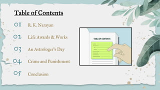 01
03
05
02
04
R. K. Narayan
An Astrologer’s Day
Conclusion
Life Awards & Works
Crime and Punishment
 