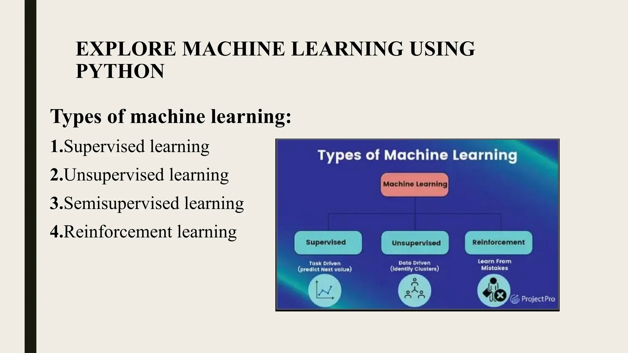 EXPLORE MACHINE LEARNING USING
PYTHON
Types of machine learning:
1.Supervised learning
2.Unsupervised learning
3.Semisupervised learning
4.Reinforcement learning
 