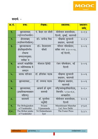 3pÙeesefle<eHeâefuele ye=nppeelekeâced (1) GhemebnejeOÙeeÙe (37)
3
mevoYe&: -
›eâ.meb. «evLe: uesKekeâ: ØekeâeMekeâ: ØekeâeMeve-
Je<e&ced
1. ye=nppeelekeâced
(Yeóeslheuešerkeâemeefnle)
heb. kesâoej oòe peesMeer ceesleerueeue yeveejmeeroeme,
efouueer, cegcyeF&, JeejeCemeer
2013
2. nesjeMeeŒeced
(™õefJeJejCeermeefnleced)
[e@0 melÙesvõ efceße ÛeewKecyee megjYeejleer
ØekeâeMeve, JeejeCemeer
2014
3. ye=nppeelekeâmÙe
nesjeefYeheÇeÙeefveCe&Ùe-
šerkeâeÙee
mecheeovecevegJeeo:
meceer#ee Ûe
[e@0 JesoveejeÙeCe
ÛeewOejer
heefjceue heefyuekeâsMeve,
Meefkeäle veiej 110007,
veF& efouueer,
2006
4. DeeÛeeÙe& Jejenefceefnj
keâe pÙeesefle<eMeeŒe ceW
DeJeoeve
Yeespejepe efÉJesoer jbpeve heefyuekesâMeve, veF&
efouueer
2006
5. peelekeâ heeefjpeele [e@. nefjMebkeâj hee"keâ ÛeewKecYee megjYeejleer
ØekeâeMeve, JeejeCemeer
2006
6. ye=nppeelekeâced , [e@. jeceÛevõ hee"keâ ÛeewKecYee ØekeâeMeve,
JeejeCemeer
2006
7. ye=nppeelekeâced
(heÇkeâeefMekeâeJÙeeKÙeeve
meefnleced)
DeeÛeeÙe& njs keâ=<Ce
MeleheLeer
jeef<š^Ùemebmkeâ=leefJeÅeeheer"ced,
efle®heefle: 517064,
DeevOeÇheÇosMe:
2010
8. meejeJeueer [e@. cegjueerOej
ÛelegJexoer
ceesleerueeue yeveejmeeroeme,
efouueer
2003
9. The Brihajjatakm
of Varahmihir
Swami
Vijanananda
Munshiraam Manohar
Lal, New Delhi
1979
10. The Brihat jataka
of Varahmihir
N.Chidambaram
Iyer
The Foster Press 1885
 