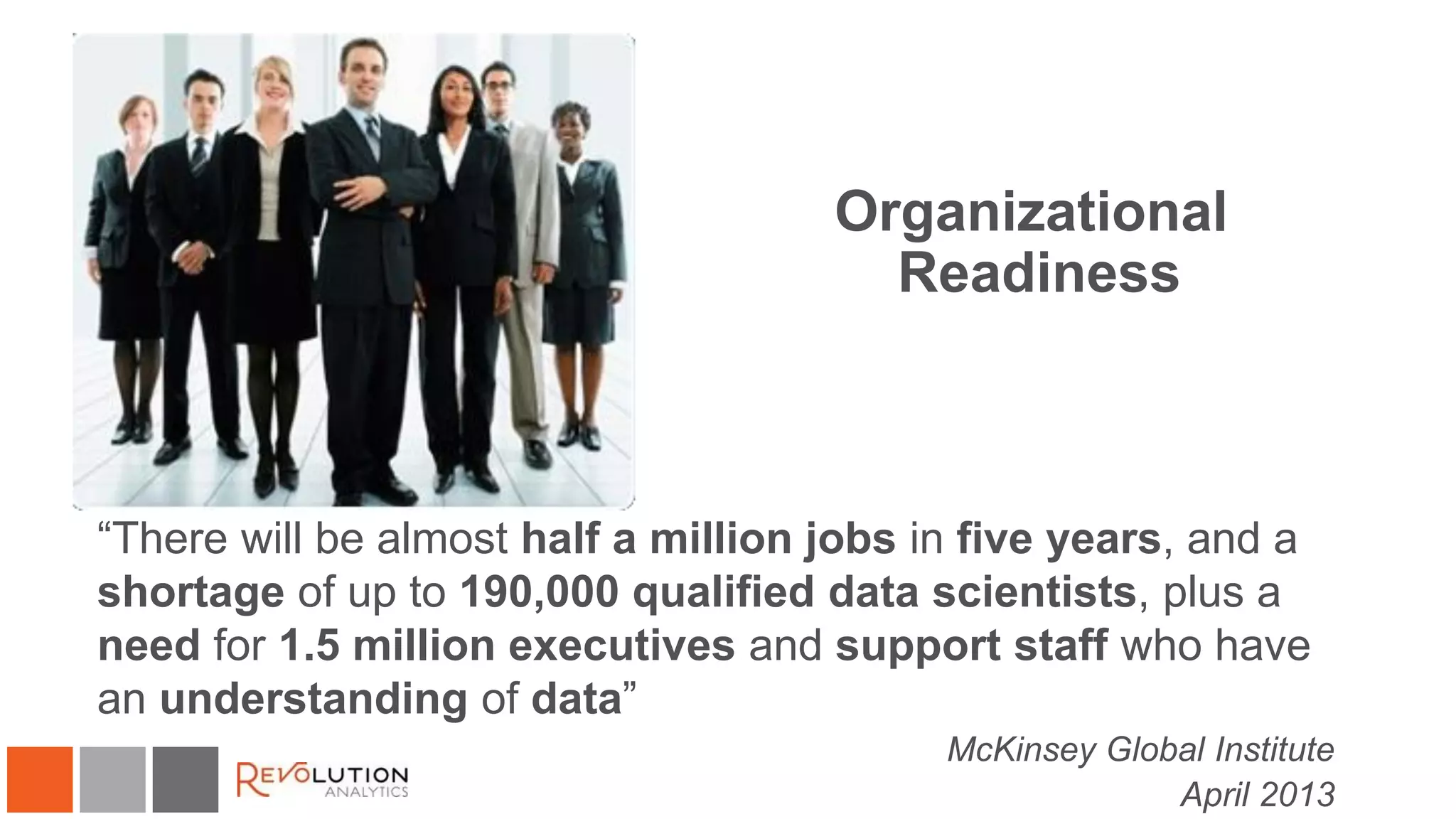 Organizational
Readiness
“There will be almost half a million jobs in five years, and a
shortage of up to 190,000 qualified data scientists, plus a
need for 1.5 million executives and support staff who have
an understanding of data”
McKinsey Global Institute
April 2013
 