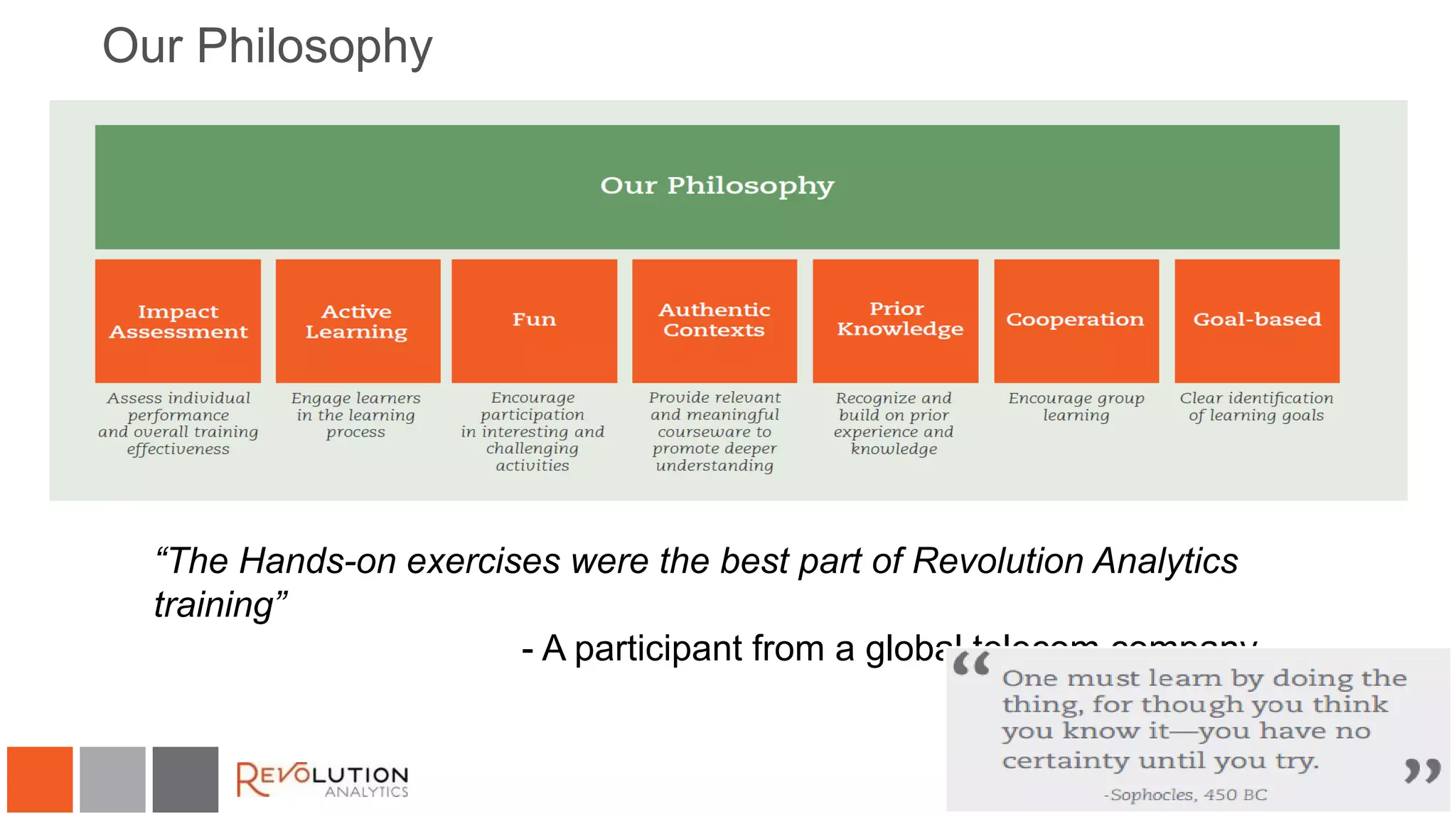 Our Philosophy
“The Hands-on exercises were the best part of Revolution Analytics
training”
- A participant from a global telecom company
 