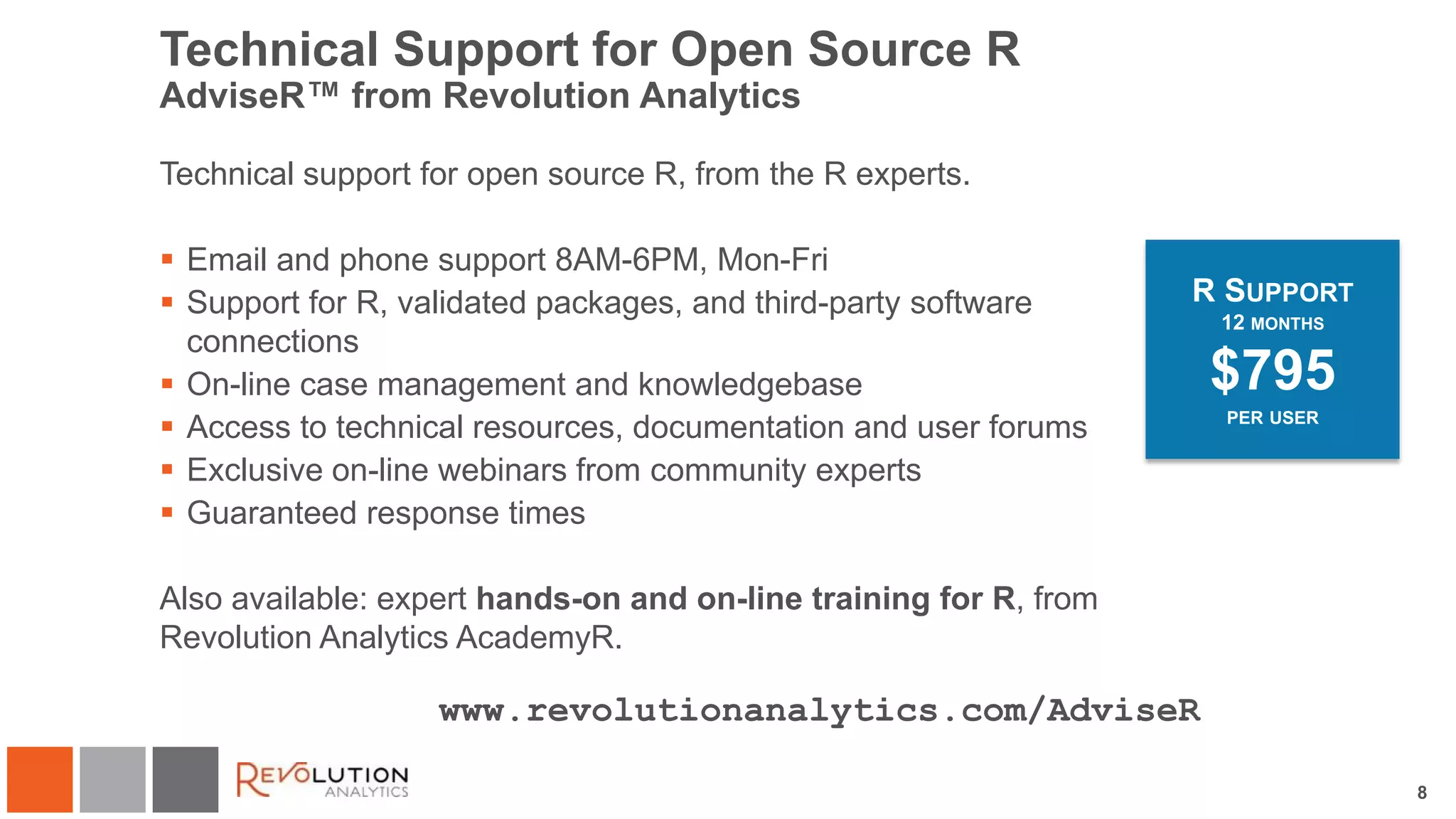 8
Technical Support for Open Source R
AdviseR™ from Revolution Analytics
Technical support for open source R, from the R experts.
 Email and phone support 8AM-6PM, Mon-Fri
 Support for R, validated packages, and third-party software
connections
 On-line case management and knowledgebase
 Access to technical resources, documentation and user forums
 Exclusive on-line webinars from community experts
 Guaranteed response times
Also available: expert hands-on and on-line training for R, from
Revolution Analytics AcademyR.
www.revolutionanalytics.com/AdviseR
R SUPPORT
12 MONTHS
$795
PER USER
 