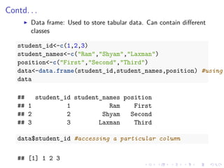 Contd. . .
Data frame: Used to store tabular data. Can contain diﬀerent
classes
student_id<-c(1,2,3)
student_names<-c("Ram","Shyam","Laxman")
position<-c("First","Second","Third")
data<-data.frame(student_id,student_names,position) #using
data
## student_id student_names position
## 1 1 Ram First
## 2 2 Shyam Second
## 3 3 Laxman Third
data$student_id #accessing a particular column
## [1] 1 2 3
 