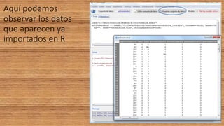 Aquí podemos
observar los datos
que aparecen ya
importados en R
 