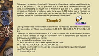 El intervalo de confianza (nivel del 95%) para la diferencia de medias en el Material A y
en el B es (-0,687; -0,133), lo que indica que el valor de la característica de uso (por
tanto la satisfacción) es mayor con el Material B que con el A. Desde la visión de
contraste de hipótesis, el reducido valor del p-valor: 0,009, indica que la hipótesis de
igualdad de medias se rechazaría con un nivel de significación del 5%, frente a la
hipótesis de que los dos materiales son igualmente satisfactorios.

Los siguientes datos corresponden al rendimiento por hectárea de cierta nueva variedad
de trigo, medido en 9 lotes experimentales: 3,35; 3,92; 4,26; 3,36; 3,72; 4,19, 3,42; 4,38;
4,5.
Construya un intervalo de confianza al 90% de confianza para el rendimiento promedio
de la nueva variedad de trigo si suponemos que el rendimiento por hectárea se
distribuye aproximadamente normal.
En el lenguaje R procedemos como sigue:
1.- En la ventana de instrucciones ingresamos los datos.
T<-c(3.35,3.92,4.26,3.36,3.72,4.19,3.42,4.38,4.5)
2.- Para la construcción del intervalo de confianza digitamos la siguiente instrucción
t.test(T,conf.level=0.90)
3.- Pulsamos Ejecutar.

19

 