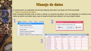 A continuación se explicarán los formas básicas para abrir una base con R-Commander
1.- Nuevo conjunto de datos
Este comando permite crear a mano y activar un conjunto de datos. Una vez asignado un nombre a los
datos se abrirá una tabla vacía, que el usuario tendrá que rellenar con sus propios datos.

5

 
