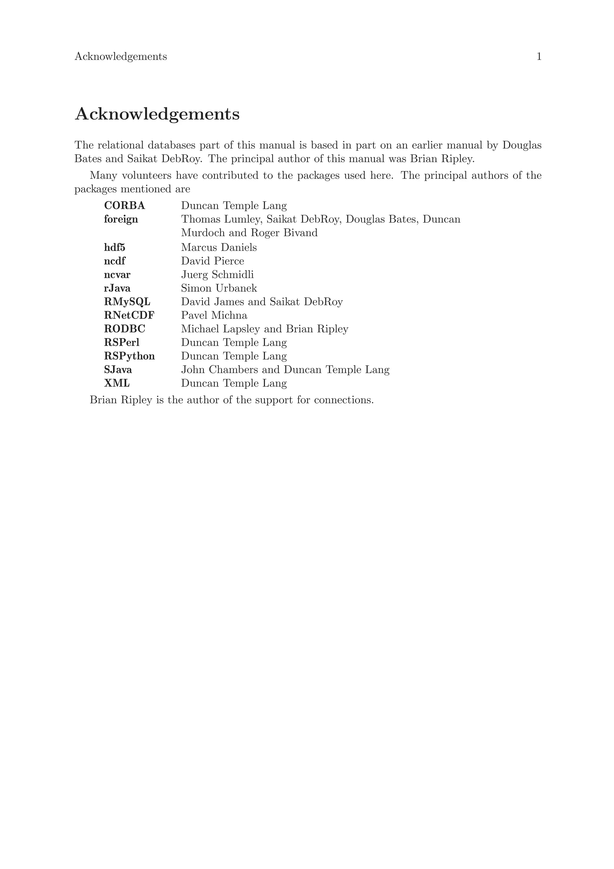 Acknowledgements                                                                           1




Acknowledgements
The relational databases part of this manual is based in part on an earlier manual by Douglas
Bates and Saikat DebRoy. The principal author of this manual was Brian Ripley.
   Many volunteers have contributed to the packages used here. The principal authors of the
packages mentioned are
      CORBA           Duncan Temple Lang
      foreign         Thomas Lumley, Saikat DebRoy, Douglas Bates, Duncan
                      Murdoch and Roger Bivand
      hdf5            Marcus Daniels
      ncdf            David Pierce
      ncvar           Juerg Schmidli
      rJava           Simon Urbanek
      RMySQL          David James and Saikat DebRoy
      RNetCDF         Pavel Michna
      RODBC           Michael Lapsley and Brian Ripley
      RSPerl          Duncan Temple Lang
      RSPython        Duncan Temple Lang
      SJava           John Chambers and Duncan Temple Lang
      XML             Duncan Temple Lang
   Brian Ripley is the author of the support for connections.
 