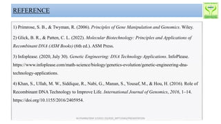 REFERENCE
1) Primrose, S. B., & Twyman, R. (2006). Principles of Gene Manipulation and Genomics. Wiley.
2) Glick, B. R., & Patten, C. L. (2022). Molecular Biotechnology: Principles and Applications of
Recombinant DNA (ASM Books) (6th ed.). ASM Press.
3) Infoplease. (2020, July 30). Genetic Engineering: DNA Technology Applications. InfoPlease.
https://www.infoplease.com/math-science/biology/genetics-evolution/genetic-engineering-dna-
technology-applications.
4) Khan, S., Ullah, M. W., Siddique, R., Nabi, G., Manan, S., Yousaf, M., & Hou, H. (2016). Role of
Recombinant DNA Technology to Improve Life. International Journal of Genomics, 2016, 1–14.
https://doi.org/10.1155/2016/2405954.
M.PHARM/SEM 1/(2022-23)/R20_MPT1936S/PRESENTATION
 