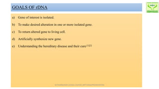 GOALS OF rDNA
a) Gene of interest is isolated.
b) To make desired alteration in one or more isolated gene.
c) To return altered gene to living cell.
d) Artificially synthesize new gene.
e) Understanding the hereditary disease and their cure.[1][2]
M.PHARM/SEM 1/(2022-23)/R20_MPT1936S/PRESENTATION
 