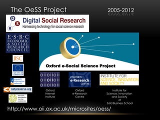 The OeSS Project                        2005-2012




              Oxford e-Social Science Project




               Oxford       Oxford           Institute for
              Internet    e-Research     Science, Innovation
              Institute     Centre           and Society
                                                   at
                                         Saïd Business School

http://www.oii.ox.ac.uk/microsites/oess/
 