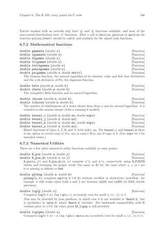 Chapter 6: The R API: entry points for C code                                              106




Entries marked with an asterisk only have ‘p’ and ‘q’ functions available, and none of the
non-central distributions have ‘r’ functions. After a call to dwilcox, pwilcox or qwilcox the
function wilcox_free() should be called, and similarly for the signed rank functions.

6.7.2 Mathematical functions
double   gammafn (double x )                                                      [Function]
double   lgammafn (double x )                                                     [Function]
double   digamma (double x )                                                      [Function]
double   trigamma (double x )                                                     [Function]
double   tetragamma (double x )                                                   [Function]
double   pentagamma (double x )                                                   [Function]
double   psigamma (double x, double deriv )                                       [Function]
   The Gamma function, the natural logarithm of its absolute value and first four derivatives
   and the n-th derivative of Psi, the digamma function.
double beta (double a, double b )                                                   [Function]
double lbeta (double a, double b )                                                  [Function]
   The (complete) Beta function and its natural logarithm.
double choose (double n, double k )                                              [Function]
double lchoose (double n, double k )                                             [Function]
   The number of combinations of k items chosen from from n and its natural logarithm. k is
   rounded to the nearest integer (with a warning if needed).
double   bessel_i     (double x, double nu, double expo )                            [Function]
double   bessel_j     (double x, double nu )                                         [Function]
double   bessel_k     (double x, double nu, double expo )                            [Function]
double   bessel_y     (double x, double nu )                                         [Function]
   Bessel functions of types I, J, K and Y with index nu. For bessel_i and bessel_k there
   is the option to return exp(-x) I(x; nu) or exp(x) K(x; nu) if expo is 2. (Use expo == 1 for
   unscaled values.)

6.7.3 Numerical Utilities
There are a few other numerical utility functions available as entry points.
double R_pow (double x, double y )                                               [Function]
double R_pow_di (double x, int i )                                               [Function]
   R_pow(x, y ) and R_pow_di(x, i ) compute x ^y and x ^i , respectively using R_FINITE
   checks and returning the proper result (the same as R) for the cases where x, y or i are
   0 or missing or infinite or NaN.
double pythag (double a, double b )                                             [Function]
   pythag(a, b ) computes sqrt(a ^2 + b ^2) without overflow or destructive underflow: for
   example it still works when both a and b are between 1e200 and 1e300 (in IEEE double
   precision).
double log1p (double x )                                                           [Function]
   Computes log(1 + x ) (log 1 plus x ), accurately even for small x, i.e., |x| 1.
   This may be provided by your platform, in which case it is not included in ‘Rmath.h’, but
   is (probably) in ‘math.h’ which ‘Rmath.h’ includes. For backwards compatibility with R
   versions prior to 1.5.0, the entry point Rf_log1p is still provided.
double log1pmx (double x )                                                           [Function]
   Computes log(1 + x ) - x (log 1 plus x minus x), accurately even for small x, i.e., |x|  1.
 