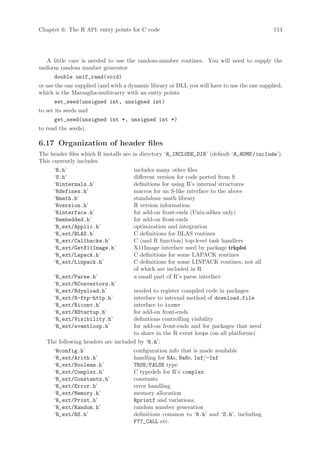 Chapter 6: The R API: entry points for C code                                                114




   A little care is needed to use the random-number routines. You will need to supply the
uniform random number generator
      double unif_rand(void)
or use the one supplied (and with a dynamic library or DLL you will have to use the one supplied,
which is the Marsaglia-multicarry with an entry points
      set_seed(unsigned int, unsigned int)
to set its seeds and
      get_seed(unsigned int *, unsigned int *)
to read the seeds).

6.17 Organization of header files
The header files which R installs are in directory ‘R_INCLUDE_DIR ’ (default ‘R_HOME /include’).
This currently includes
      ‘R.h’                          includes many other files
      ‘S.h’                          different version for code ported from S
      ‘Rinternals.h’                 definitions for using R’s internal structures
      ‘Rdefines.h’                   macros for an S-like interface to the above
      ‘Rmath.h’                      standalone math library
      ‘Rversion.h’                   R version information
      ‘Rinterface.h’                 for add-on front-ends (Unix-alikes only)
      ‘Rembedded.h’                  for add-on front-ends
      ‘R_ext/Applic.h’               optimization and integration
      ‘R_ext/BLAS.h’                 C definitions for BLAS routines
      ‘R_ext/Callbacks.h’            C (and R function) top-level task handlers
      ‘R_ext/GetX11Image.h’          X11Image interface used by package trkplot
      ‘R_ext/Lapack.h’               C definitions for some LAPACK routines
      ‘R_ext/Linpack.h’              C definitions for some LINPACK routines, not all
                                     of which are included in R
      ‘R_ext/Parse.h’                a small part of R’s parse interface
      ‘R_ext/RConvertors.h’
      ‘R_ext/Rdynload.h’            needed to register compiled code in packages
      ‘R_ext/R-ftp-http.h’          interface to internal method of download.file
      ‘R_ext/Riconv.h’              interface to iconv
      ‘R_ext/RStartup.h’            for add-on front-ends
      ‘R_ext/Visibility.h’          definitions controlling visibility
      ‘R_ext/eventloop.h’           for add-on front-ends and for packages that need
                                    to share in the R event loops (on all platforms)
   The following headers are included by ‘R.h’:
      ‘Rconfig.h’                    configuration info that is made available
      ‘R_ext/Arith.h’                handling for NAs, NaNs, Inf/-Inf
      ‘R_ext/Boolean.h’              TRUE/FALSE type
      ‘R_ext/Complex.h’              C typedefs for R’s complex
      ‘R_ext/Constants.h’            constants
      ‘R_ext/Error.h’                error handling
      ‘R_ext/Memory.h’               memory allocation
      ‘R_ext/Print.h’                Rprintf and variations.
      ‘R_ext/Random.h’               random number generation
      ‘R_ext/RS.h’                   definitions common to ‘R.h’ and ‘S.h’, including
                                     F77_CALL etc.
 