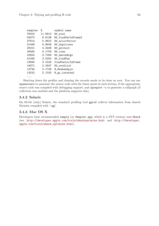 Chapter 3: Tidying and profiling R code                                                     56




       samples %            symbol name
       76052     11.9912 Rf_eval
       54670      8.6198 Rf_findVarInFrame3
       37814      5.9622 Rf_allocVector
       31489      4.9649 Rf_duplicate
       28221      4.4496 Rf_protect
       26485      4.1759 Rf_cons
       23650      3.7289 Rf_matchArgs
       21088      3.3250 Rf_findFun
       19995      3.1526 findVarLocInFrame
       14871      2.3447 Rf_evalList
       13794      2.1749 R_Newhashpjw
       13522      2.1320 R_gc_internal
       ...
    Shutting down the profiler and clearing the records needs to be done as root. You can use
opannotate to annotate the source code with the times spent in each section, if the appropriate
source code was compiled with debugging support, and opreport -c to generate a callgraph (if
collection was enabled and the platform supports this).

3.4.2 Solaris
On 64-bit (only) Solaris, the standard profiling tool gprof collects information from shared
libraries compiled with ‘-pg’.

3.4.3 Mac OS X
Developers have recommended sample (or Sampler.app, which is a GUI version) and Shark
(see http://developer.apple.com/tools/sharkoptimize.html and http://developer.
apple.com/tools/shark_optimize.html).
 